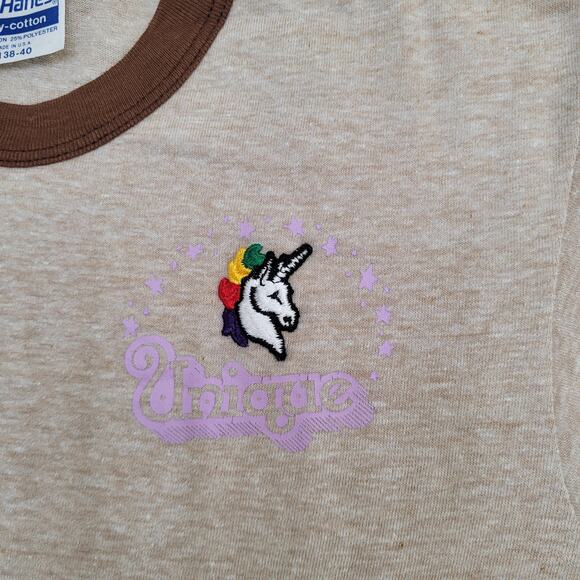 Vintage 90s Unicorn Ringer Shirt Womens Medium 18x24 Brown - Picture 8 of 13